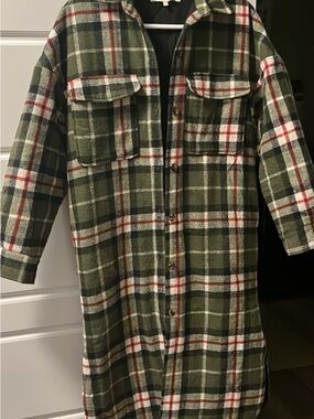 Pink Martini Olive Plaid Utility Shacket with Red & White Accents
